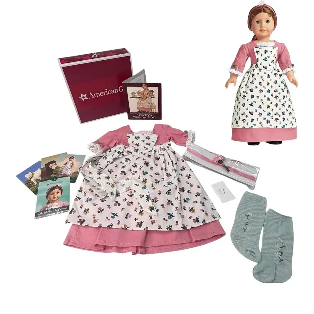 American Girl Felicity Spring Gown Pinner Apron Socks Pins Hair Flowers Pins Box - Picture 10 of 11